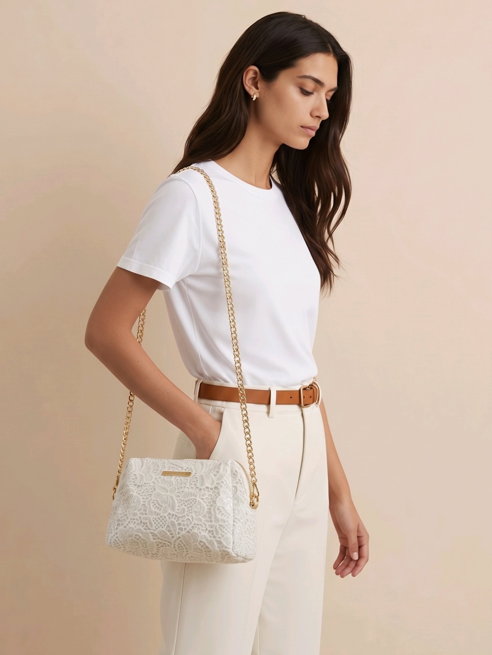 Vince Camuto White Lace Shoulder Bag with Gold Chain